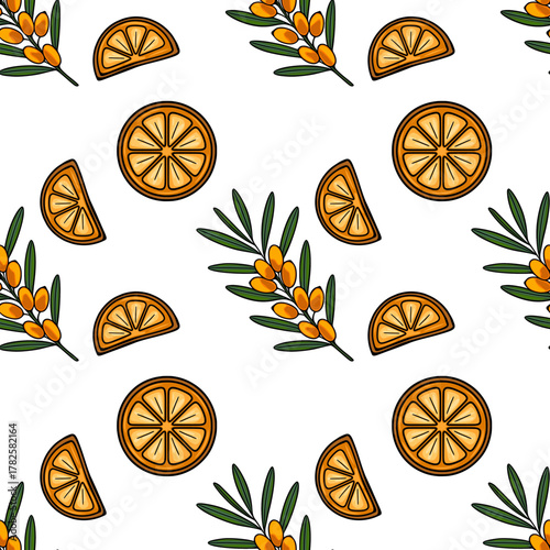 A delightful seamless vector pattern featuring vibrant orange slices and natural sea buckthorn branches with their characteristic berries, set against a clean white background.
