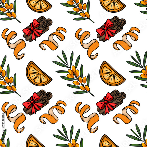 A charming vector repeating pattern featuring vibrant sea buckthorn berries, citrus fruit slices, cinnamon sticks with red bows, and spiraled orange peels, perfect for festive culinary