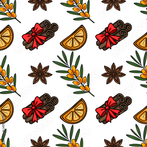 Seamless vector pattern featuring stylized cinnamon sticks with red bows, orange slices, sea buckthorn branches, and star anise.