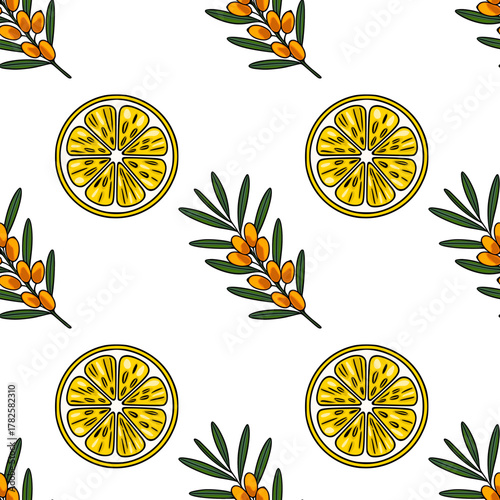 Seamless vector pattern featuring bright yellow lemon slices and vibrant orange sea buckthorn branches with green leaves on a clean white background.