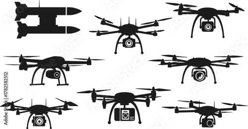 Drone silhouettes set, quadcopter and hexacopter vector collection, aerial photography equipment, modern UAV technology design, cad drawing flat vector illustration