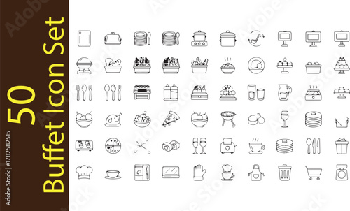 50 Hand-Drawn Buffet and Catering Doodle Icon Set
