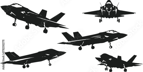Stealth fighter jet silhouettes, modern military aircraft vector set, front and side views, aviation design, cad drawing flat vector illustration