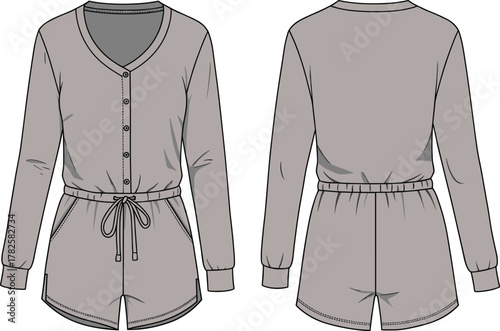 Women’s romper front and back view, long sleeves, button down closure, elastic waistband, drawstring tie, side pockets, curved hem shorts