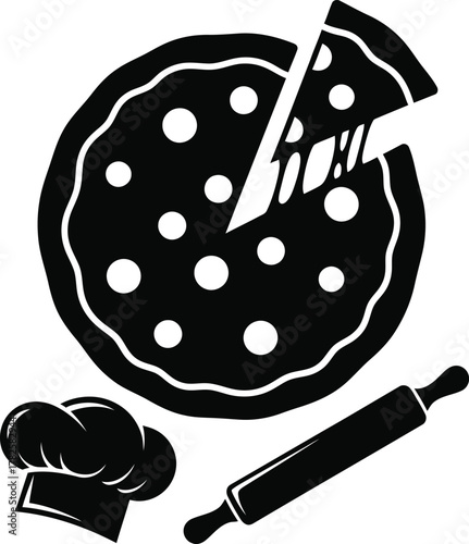 Hand drawn pizza making icon with chef hat and rolling pin