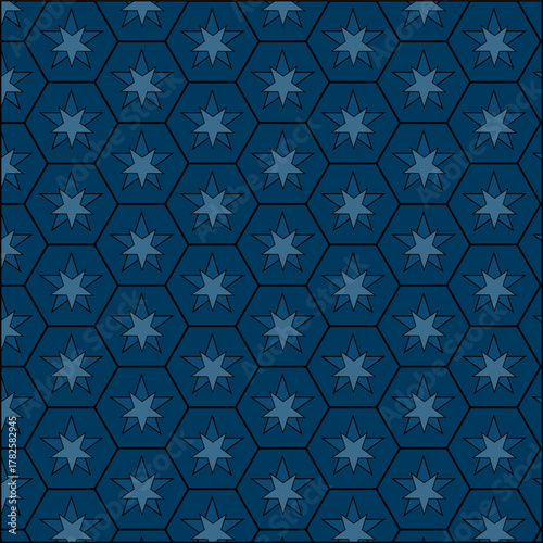Seamless dark blue hexagonal geometric pattern with a subtle starlike motif in each hexagon, creating a modern and abstract background texture with a sense of depth and repetition