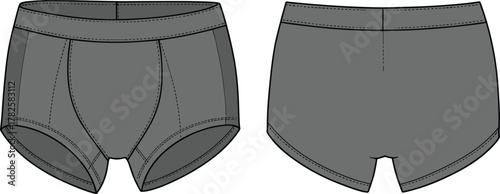 Men’s boxer briefs front and back view, contoured pouch, reinforced seams, curved leg openings, underwear fashion garment technical drawing illustration