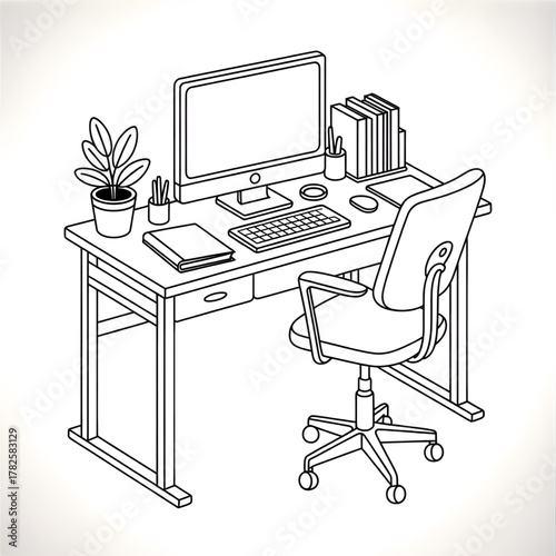 illustration of office desk with computer