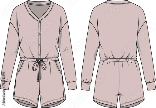 Women’s long sleeve romper front and back view, button down closure, elastic waistband, drawstring tie, curved hem shorts illustration