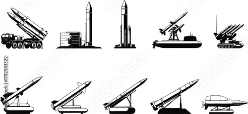 Missile launchers and rockets silhouette, military defense system, submarine missile platform, rocket launcher set, aerospace weapon technology, cad drawing flat vector illustration