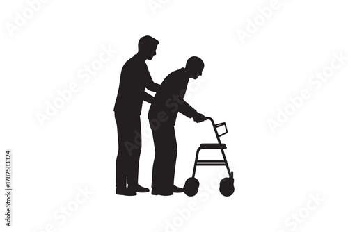 Caregiver Helping Senior with Walker Silhouette Design Elderly Assistance Support Black and White Artwork