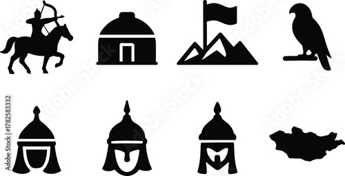 Mongolian Culture Icon Set – Black Silhouettes of Warrior, Yurt, Helmets, Eagle, Flag, and Map for Heritage, History, and Cultural Design Projects