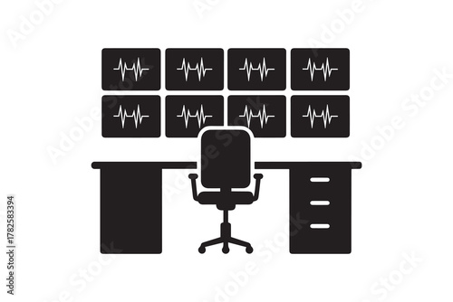 Hospital Control Room with Monitors Silhouette Artwork Security Monitoring Station Black and White Design