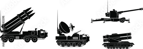 Military vehicles and artillery silhouette, missile launcher, radar truck, howitzer gun, tank platform, defense system, cad drawing flat vector illustration