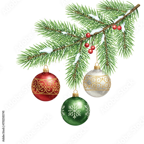 Festive christmas tree branch with ornaments and red berries
