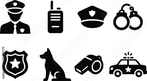 "Law Enforcement Icon Set – Black Silhouettes of Police Officer, Badge, Handcuffs, Dog, Car, and Gear for Security, Safety, and Public Service Design Projects