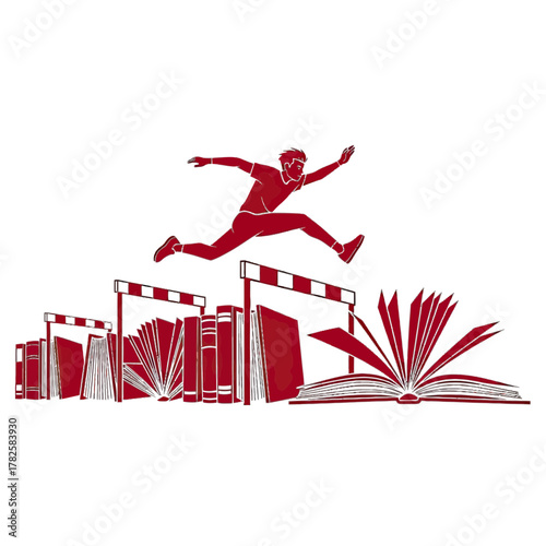 Athletic reader leaps over hurdles made of books symbolizing overcoming challenges in knowledge pursuit and education