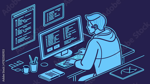 Neon Software Engineer Coding with Holographic Screens Vector 