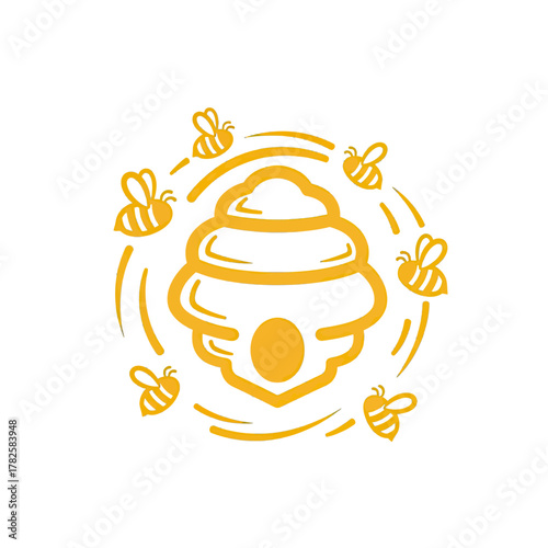 Vibrant bees buzz around a stylized golden beehive, creating a lively and industrious scene perfect for branding and design.