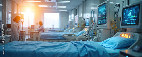 Intensive care unit room with patient beds and medical monitors. Medical staff attend to machines in sterile hospital ward. Futuristic health care provides critical care.