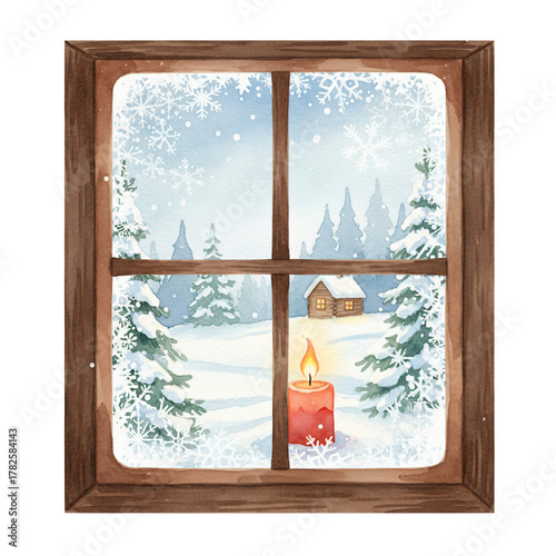 Cozy winter scene through a wooden window with a burning candle