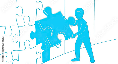 Determined figure meticulously places final puzzle piece, symbolizing completion, strategy, and successful project resolution in business.