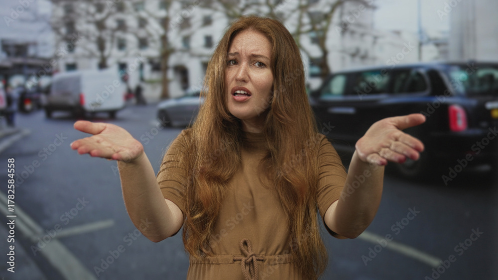 Fototapeta premium Redheaded woman in brown dress holds hands out in busy city street with frowning expression; uncertainty confusion.