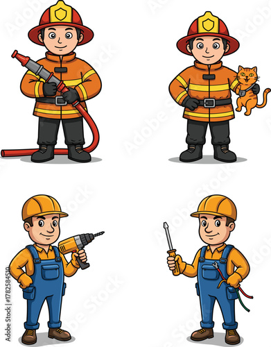 Cartoon firefighter with hose, firefighter rescuing cat, construction worker with drill, worker with screwdriver, professions illustration, rescue and repair service, teamwork characters