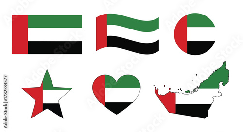Set of united arab emirates flag in different shapes national flag in star, heart, circle, map and rectangle shape