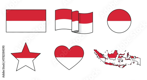 Free Download Set of indonesia flag in different shapes national flag in star, heart, circle, map and rectangle shape - GFXLoad