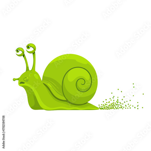 Grumpy green snail leaving a trail of sparkling dots, perfect for conveying slowness or effort with a touch of whimsy.