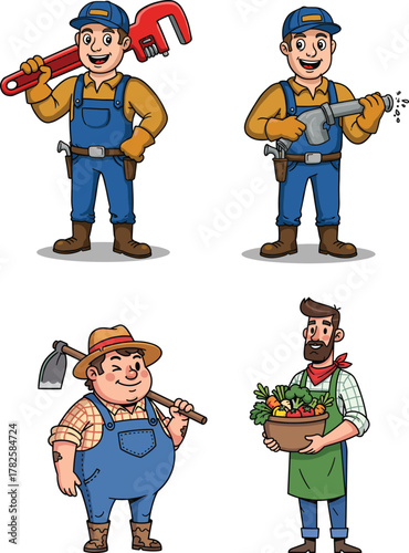 Cartoon plumber with wrench, plumber fixing faucet, farmer with hoe, gardener with vegetables basket, professions illustration, manual labor, agriculture and repair service