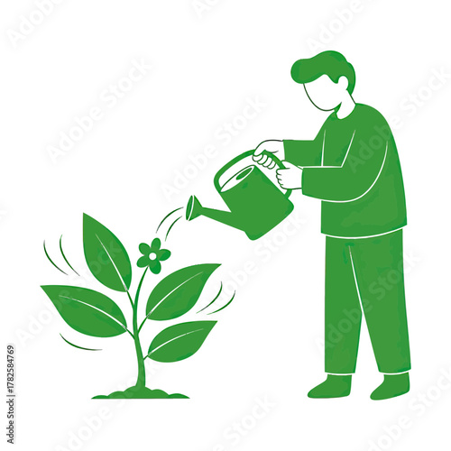 Person nurturing a growing plant with a watering can, symbolizing growth, care, and environmental sustainability for a brighter future.