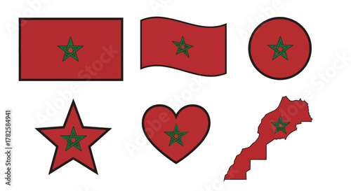 Morocco flag set showcasing diverse shapes like rectangle, wave, circle, star, heart, and the countrys outline