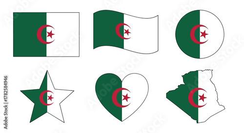 Algeria flag set featuring various shapes including a rectangle, wave, circle, star, heart, and the countrys map
