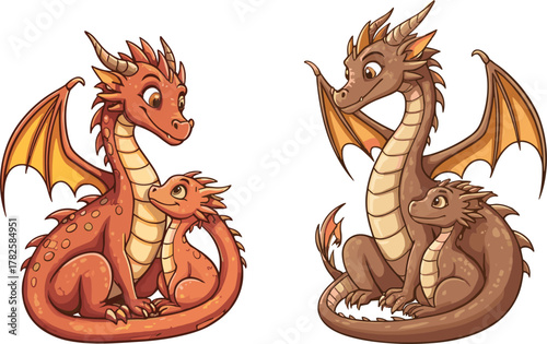 Adorable mother and baby dragons illustration, cute fantasy reptile family artwork with orange and brown colors, mythical creature cartoon design