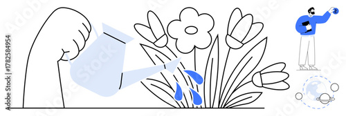 Hand holding a watering can nurturing blooming flowers scientist analyzing process with tablet. Ideal for growth, development, care, teamwork, research, sustainability, innovation concepts. Simple