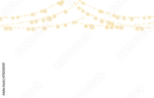 Fototapeta Naklejka Na Ścianę i Meble -  Close up of three strands of glowing string lights against a black background space above