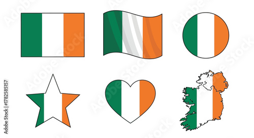 Ireland flag set, showcasing various representations like rectangle, wave, circle, star, heart, and map, reflecting national pride