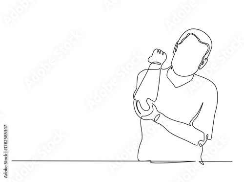 Man suffering from elbow joint pain outline draw illustration. Continuous line art drawing of Man having elbow pain soreness from injury. Editable stroke.
