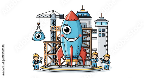 Cute Happy Rocket Under Construction Cartoon Illustration with Scaffolding, Crane, Tools, and Welding for Space Exploration, Aerospace Engineering, STEM Learning, Kids Science, and DIY Rocketry Projec