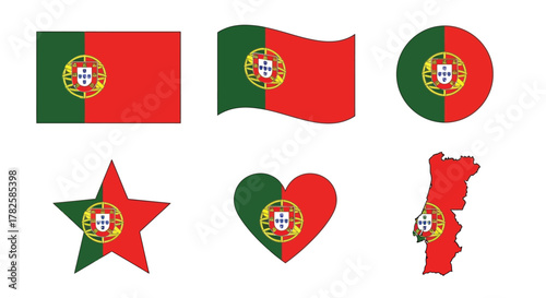 Various representations of the portuguese flag, including a rectangle, waving flag, circle, star, heart, and map shape