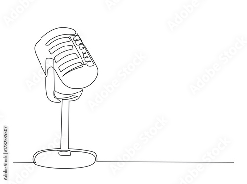 Vintage microphone outline draw illustration. Continuous line art drawing of vintage microphone device. Editable stroke.