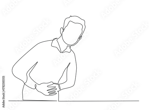 A man holds his stomach with a pained expression outline draw illustration. Continuous line art drawing of Man Suffering From Stomach Ache. Editable stroke.