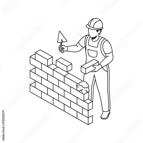 Construction worker building a brick wall with a trowel and bricks