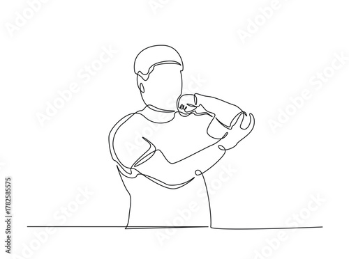 Man suffering from elbow joint pain outline draw illustration. Continuous line art drawing of Man having elbow pain soreness from injury. Editable stroke.