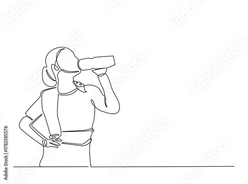 Sporty woman drinking water from the bottle outline draw illustration. Continuous line art drawing of Sporty woman drinking water from the bottle. Editable stroke.