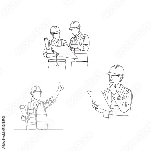 Construction workers in hard hats reviewing blueprints and plans at a site