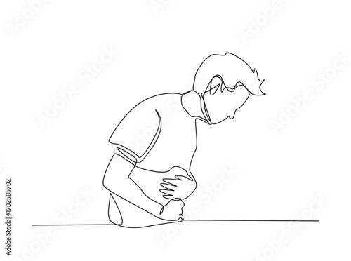 A man holds his stomach with a pained expression outline draw illustration. Continuous line art drawing of Man Suffering From Stomach Ache. Editable stroke.