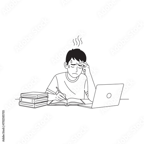 Stressed student studying with books and laptop, overwhelmed by work